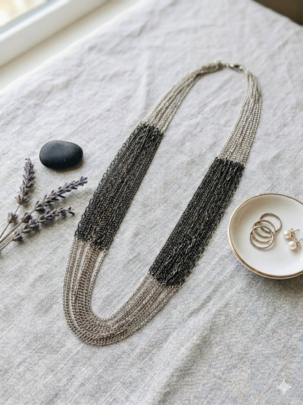 Silver & Gunmetal Multi-Strand Layered Chain Fashion Necklace